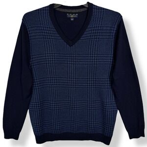 Club Room Glen Plaid Merino Wool‎ Blend Sweater Size L Lightweight Preppy V Neck